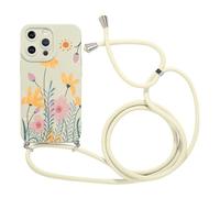 Foonary Funda con Cuerda para Apple iPhone 14 Pro 6,1", Correa Colgante con Aesthetic Motivo Ajustable Collar Colgar de Cuello Cadena Cordón Carcasa, Silicona Antigolpes Bumper Case Cover, Flores 01