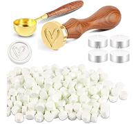 Foonii Juego de 200 cuentas de cera para sellar con 1 sello, 1 cuchara de fundición, 4 velas de té, juego de cuentas de lacre para sobres, invitaciones, tarjetas, regalo (corazón, blanco)