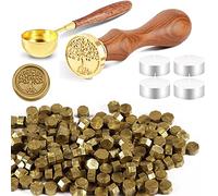 Foonii Juego de 200 cuentas de cera para sellar con 1 sello, 1 cuchara de fundición, 4 velas de té, juego de perlas de lacre para sobres, invitaciones, tarjetas, regalo (árbol de la vida, oro oscuro)