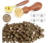 Foonii Juego de 200 cuentas de cera para sellar con 1 sello, 1 cuchara de fundición, 4 velas de té, juego de cuentas de lacre para sobres, invitaciones, tarjetas, regalo (corazón, bronce)