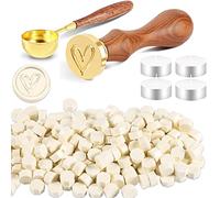 Foonii Juego de 200 cuentas de cera para sellar con 1 sello, 1 cuchara de fundición, 4 velas de té, juego de cuentas de lacre para sobres, invitaciones, tarjetas, regalo (corazón, blanco oscuro)