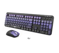 FOPETT Combo de teclado y mouse inalámbricos, 104 teclas de tamaño completo de 2.4 GHz, conexión sin caídas, teclas redondas coloridas para PC, Mac, Windows, laptop, escritorio, color negro y morado