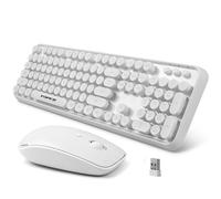 FOPETT Combo de teclado y mouse inalámbricos, teclado blanco de tamaño completo de 2.4 G con teclas redondas, teclado de máquina de escribir de 104 teclas para computadora portátil/Windows/PC, color