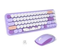 FOPETT Teclado y mouse inalámbricos, lindo mouse y teclado 2.4G, teclados inalámbricos con máquina de escribir de 68 teclas coloridas, tecla redonda retro para PC, laptop, tableta, ventanas de