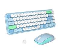 FOPETT Teclado y mouse inalámbricos, lindo mouse y teclado 2.4G, teclados inalámbricos con máquina de escribir de 68 teclas coloridas, tecla redonda retro para PC, laptop, tableta, ventanas de