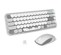 FOPETT Teclado y mouse inalámbricos, lindo mouse y teclado 2.4G, teclados inalámbricos con máquina de escribir de 68 teclas coloridas, tecla redonda retro para PC, laptop, tableta, ventanas de
