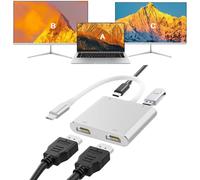 Fophmo Adaptador USB C a HDMI Dual, Plateado, 4K a 60 Hz con PD de 100 W, USB-A, Compatible con Divisor C a 2 HD y Pantalla extendida para Dispositivos Tipo C (MST no Compatible con macOS).