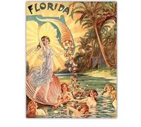 FOPURE Vintage Florida Map Wall-Art - Sunshine State Travel Poster Print, Retro Tourist Map Decor for Beach House Office Coastal Living(Framed,16x24inch(40x60cm))