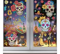 Fopytu Pegatinas para Ventana del Día De Los Muertos Mexicano, Decoraciones para Ventanas De Halloween, Calcomanías con Diseño De Flores, Esqueletos Y Calaveras De Azúcar, Suministros