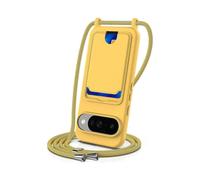 (For Google Pixel 10, Yellow) Integrated Card Bag Solid Color Liquid Silicone Phone Case with Lanyard