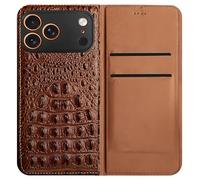 For iPhone 15 Pro Max Genuine Crocodile-Embossed Shockproof Leather Flip Case with Card Pockets Protection Business Wallet Cover with Full Body Camera Protection(iPhone 15 Pro Max,Dark Brown)