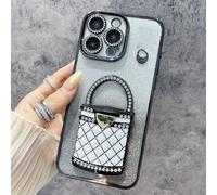 For iPhone 16 Pro MAX Case Mirror Kickstand TPU+PC Gradient Glitter Phone Cover, Rhinestone Glitter Mirror Magnetic Holder Phone Case, Phone Case with Mirror (Black,for iPhone12)