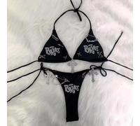 For Lady for Solid Color Y2K Halter Bikini Set, traje de baño de diseño dividido con baúl, ropa casual de vacaciones, longitud regular, elasticidad moderada, primavera a invierno (S negro)