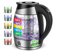 FOR ME Hervidor Eléctrico de Vidrio Agua con Filtro de Té 1,8L, Control de temperatura, Temperatura ajustable de 40°C a 100°C, Iluminación LED de 5 Colores, Función de Mantener Caliente, Libre de BPA