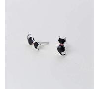 for S925 White Women Korean Black Cat Earrings Cute Animal Female One Pair