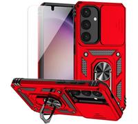 for Samsung Galaxy S24 Case with Camera Lens Cover HD Screen Protector, Dual Layer Military-Grade Drop Tested Magnetic Ring Holder Kickstand Protective Phone Case for Samsung Galaxy S24 (Red)