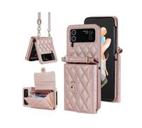 (For Samsung Galaxy Z Flip4, Rose Gold) Rhombic Texture Card Bag PU Phone Case with Long Lanyard