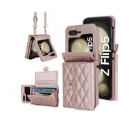 (For Samsung Galaxy Z Flip5, Rose Gold) Rhombic Texture Card Bag PU Phone Case with Long Lanyard