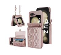 (For Samsung Galaxy Z Flip6, Rose Gold) Rhombic Texture Card Bag PU Phone Case with Long Lanyard