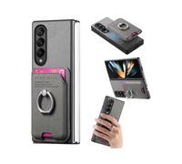(For Samsung Galaxy Z Fold3 5G, Gray) Twill Fabric Card Bag Ring Magnetic Back Phone Case