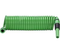 Fora Manguera en Espiral Extensible 7,5 m - Material EVA Resistente - Pistola de Riego Ajustable - Incluye 2 Conectores Rápidos 3/8", Adaptador de Grifo - Color Verde