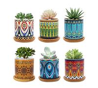 FORAGIFT 7,5CM Maceta para plantas suculentas, Maceta de cerámica con patrón mandala para cactus, macetas pequeñas para plantas de interior y exterior con bandeja de bambú, y excelente para decoración