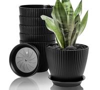 FORAGIFT Macetas de Plástico 15 cm para Interior, Pack de 6 con Ranuras Decorativas, Agujeros de Drenaje y Bandeja - Maceteros Modernos Negro para Plantas de Interior (Suculentas, Orquídeas, Hierbas)