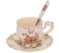 Foraineam Juego de taza de té y platillo, taza de café de porcelana marfil de 8 onzas, juego de taza de té de cerámica floral vintage con platillo y cuchara