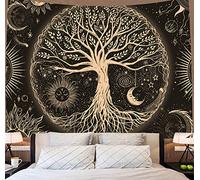 FORATER Tapiz de árbol de la vida para colgar en la pared, diseño de sol, luna, estrellas, estético, galaxia, decoración del hogar, para sala de estar, dormitorio (134 x 154 cm, negro y dorado)