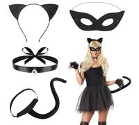 Forbabe Disfraz de gato para Halloween, 4 unidades, para mujer, adulto, gato, accesorios con orejas de gato, diadema de cola de peluche, collar de máscaras, disfraz de gato, cosplay, juego para