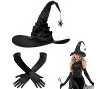 Forbabe Sombrero de bruja con colgante de araña y guantes largos de 45 cm, juego de sombrero de bruja plegable, accesorio de cosplay para Halloween, fiestas, Navidad, carnaval