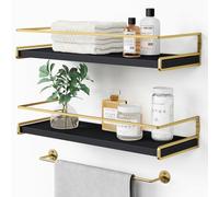 Forbena Estantes flotantes negros y dorados para pared, estantes de pared de baño sobre el inodoro, estantes colgantes de madera montados en la pared para cocina, cafetería (negro y dorado)