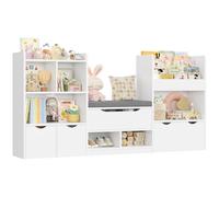 FOREHILL 183.5cm Mueble Almacenaje Juguetes, Organizador Juguetes (Blanco) | Librería Infantil Montessori, Estantería Infantil con Cojín de Asiento para Habitación Infantil 183.5x29.8x100cm