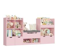 FOREHILL 183.5cm Mueble Almacenaje Juguetes, Organizador Juguetes (Rosa) | Librería Infantil Montessori, Estantería Infantil con Cojín de Asiento para Habitación Infantil 183.5x29.8x100cm
