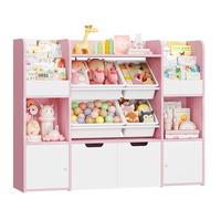 FOREHILL Mueble Juguetes Organizador, Mueble Almacenaje Juguetes, Librería Infantil Montessori, Estantería Infantil para Jugetes y Libros, Organizador Juguetes Infantil, con 4 Cajas (Blanco y Rosa)