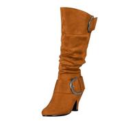 Foreign Trade Source - Botas de gamuza para mujer con hebilla de cinturón, botas de tubo alto, zapatos de tacón grueso, pantalones cortos con mujer, Brown, 39 EU
