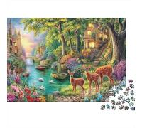 Forest Cottage Scene Cardboard Deer Family by River in Forest Premium Jigsaw Puzzle Fun 38x26cm/1000pcs