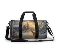Forest Deer Near A Rustic Wooden Cabin Travel Gym Bag for Women Men Cilíndrica Bolsa de lona deportiva Bolsa de entrenamiento con correa para el hombro