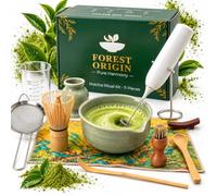 FOREST ORIGIN Kit Matcha 11 Piezas - Set de Té Matcha Completo con Espumador Eléctrico, Batidor Chasen de Bambú, Cuenco con Pico, Tamiz y Cuchara - Ideal para Regalo