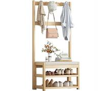 forestalk Banco de jardín para exteriores, resistente a la intemperie, asiento de metal con perchero de madera y almacenamiento de zapatos, barra para colgar ropa de pie