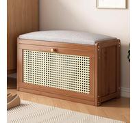 forestalk Banco de zapatos de ratán con estante ajustable, banco de almacenamiento de madera con cojín de lino, elegante asiento para pasillo y dormitorio, color marrón (tamaño: 70 x 24 x 44 cm, color