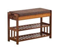 forestalk Banco de Zapatos rústicos con cajón, Asiento del Organizador del Almacenamiento de la Entrada de Madera sólida, cojín de Lino de algodón para el vestíbulo del Pasillo, marrón