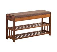 forestalk Banco de Zapatos rústicos con cajón, Asiento del Organizador del Almacenamiento de la Entrada de Madera sólida, cojín de Lino de algodón para el vestíbulo del Pasillo, marrón