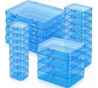 Forever bene Cajas organizadoras azules, paquete de 24 recipientes de plástico de tamaño mixto con tapa con bisagras y etiquetas adhesivas, cajas transparentes rectangulares de varios tamaños para