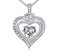Forever Love Birthstone Necklace for Women, Moissanite Diamond Side Stone 18K White Vermeil Necklace Anniversary Birthday Gifts for Mom Wife Grandma Daughter Girlfriend