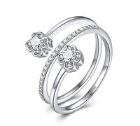 FOREVER QUEEN Mujeres Anillos Trébol de cuatro hojas Anillos de doble capa Ajustable Anillos de Plata de Ley 925 Anillo de la suerte para las mujeres