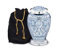 Forever URNS - Urna funeraria de cremación para adultos con tema texturizado de red de paloma para cenizas humanas de mujeres y machos, 200 pulgadas cúbicas, grande, azul, completamente hecha a mano