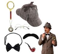 Foreverup Juego de accesorios para disfraz de detective, 7 unidades, accesorios de disfraz de Sherlock Holmes, accesorios de detective, cosplay con gafas, sombrero de detective, lupa de barba falsa
