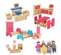 Foreverup Mueble para Casas de Muñecas, Kit de Muebles Casa de Muñecas Madera, Juego de Muebles para Muñecas con 6 Muñecos Familiares de Madera para Completar la Casa de Muñecas (Habitación Infantil)