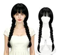 Foreverup Peluca Mujer, Negro Largo Trenzas, Peluca Miercoles, con Flequillo, de caballo, anime, cosplay, accesorio para disfraz de Halloween, Negro